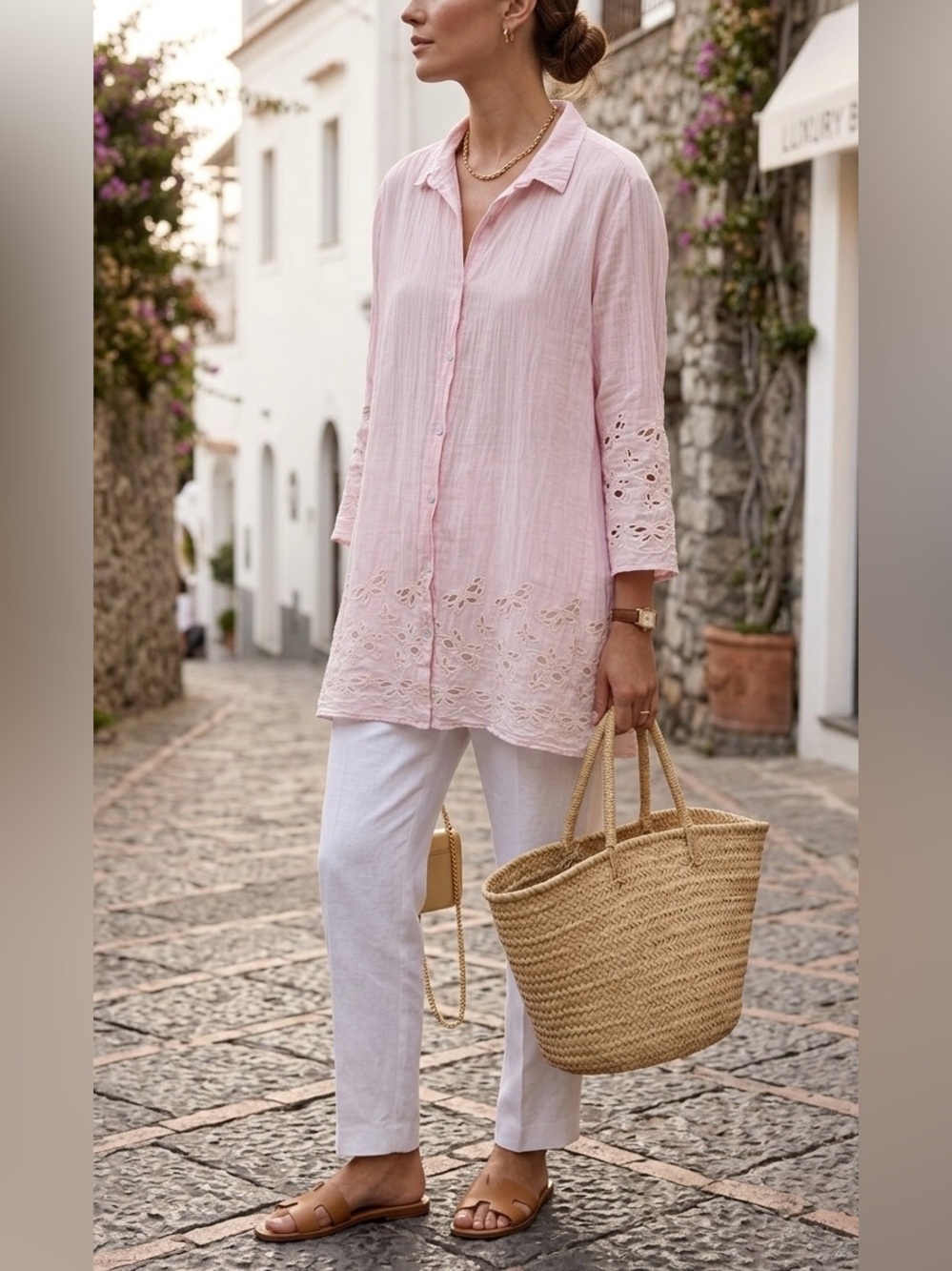 Antica Sartoria Pink Cotton Eyelet Butterfly Blouse Boho Tunic Shirt Medium M